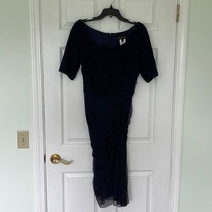 Tadashi Shoji navy blue asymmetric shoulder cocktail dress with ruched waist.